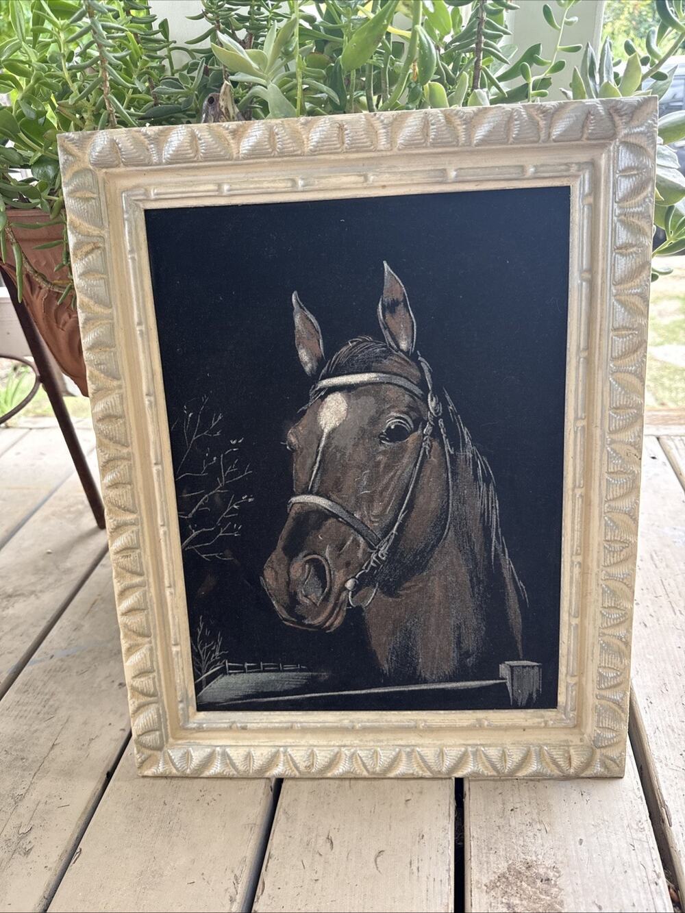 Vintage Black Velvet Horse Painting Framed Equestrian Portrait Western Art
